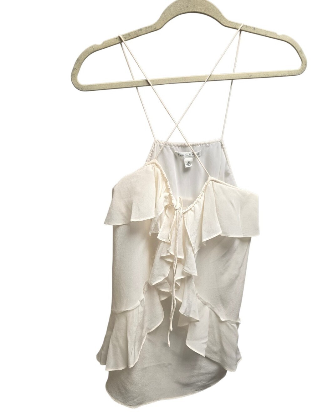 Banana Republic Silk Cream Ruffle Camisole Criss Cross Top with Tie Front Sz. M